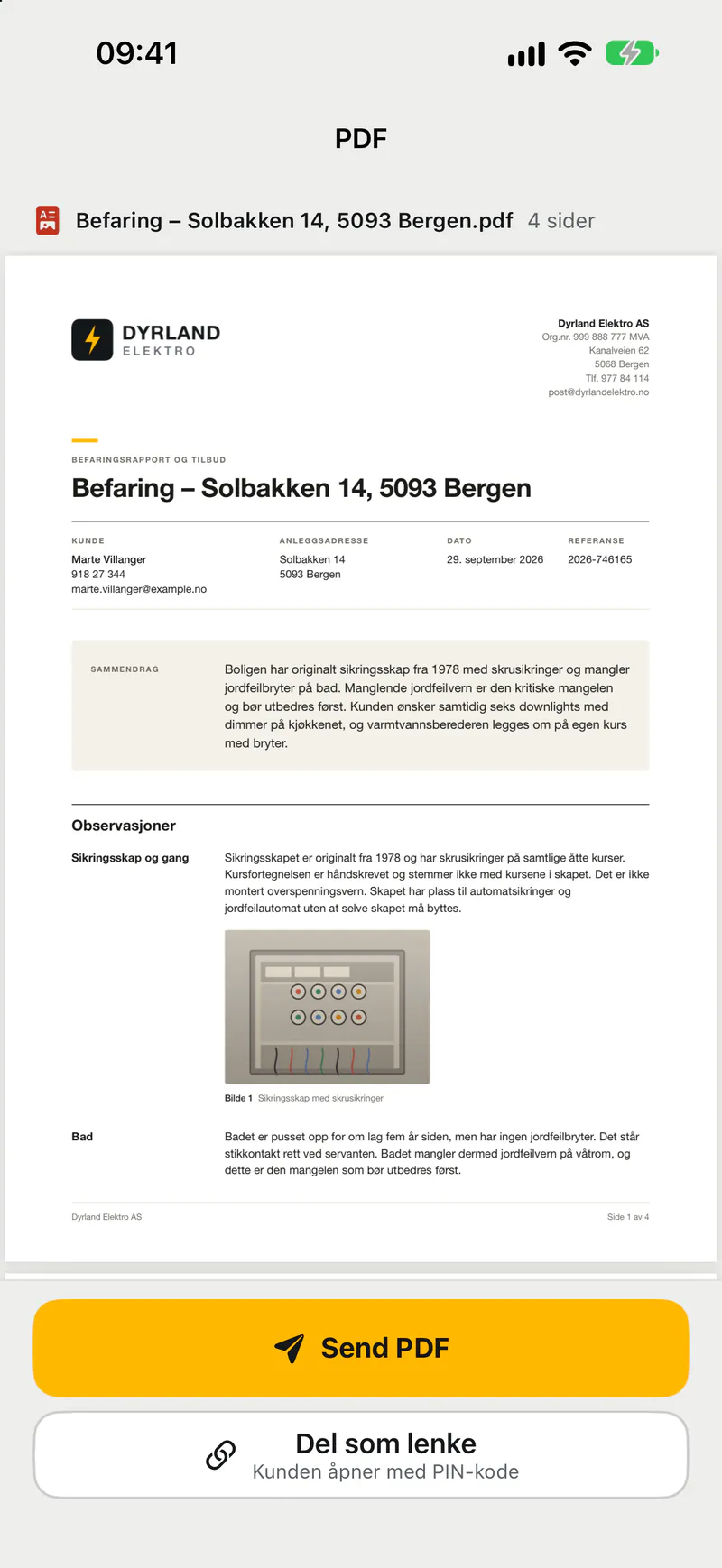 PDF-visningen i Taleark: første side av befaringsrapporten for Solbakken 14 fra Dyrland Elektro AS, med knappene «Send PDF» og «Del som lenke».