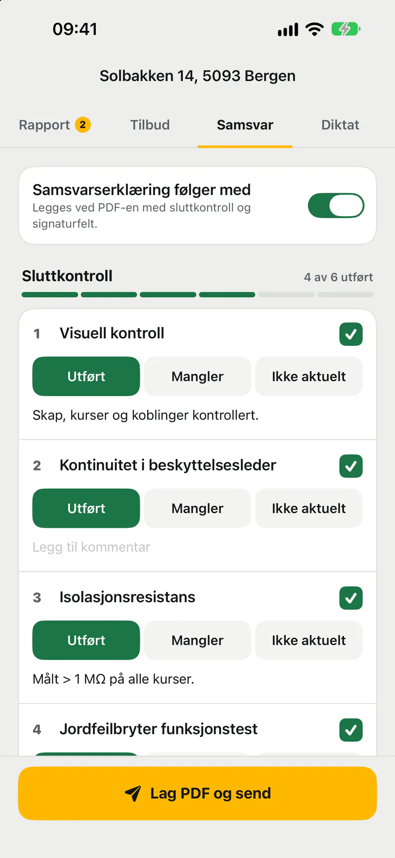 Samsvarsfanen i Taleark: samsvarserklæring slått på og sluttkontroll med 4 av 6 punkter utført, blant annet visuell kontroll og isolasjonsresistans.
