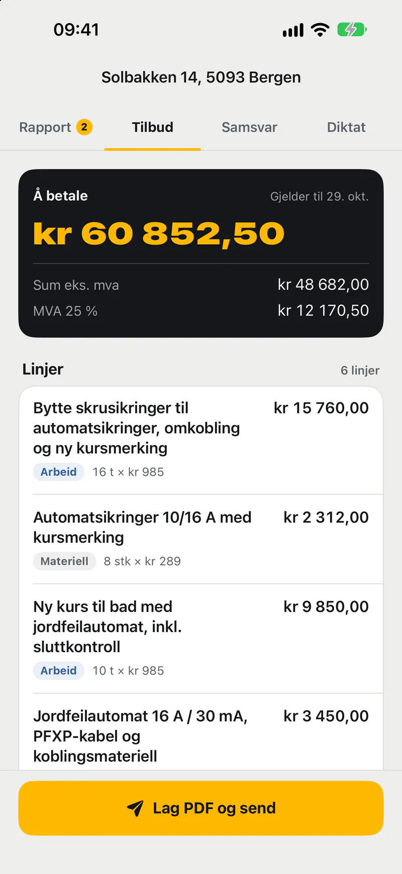 Tilbudsfanen i Taleark: Å betale kr 60 852,50, sum eks. mva kr 48 682,00 og mva 25 % kr 12 170,50, med tilbudslinjer for arbeid og materiell under.